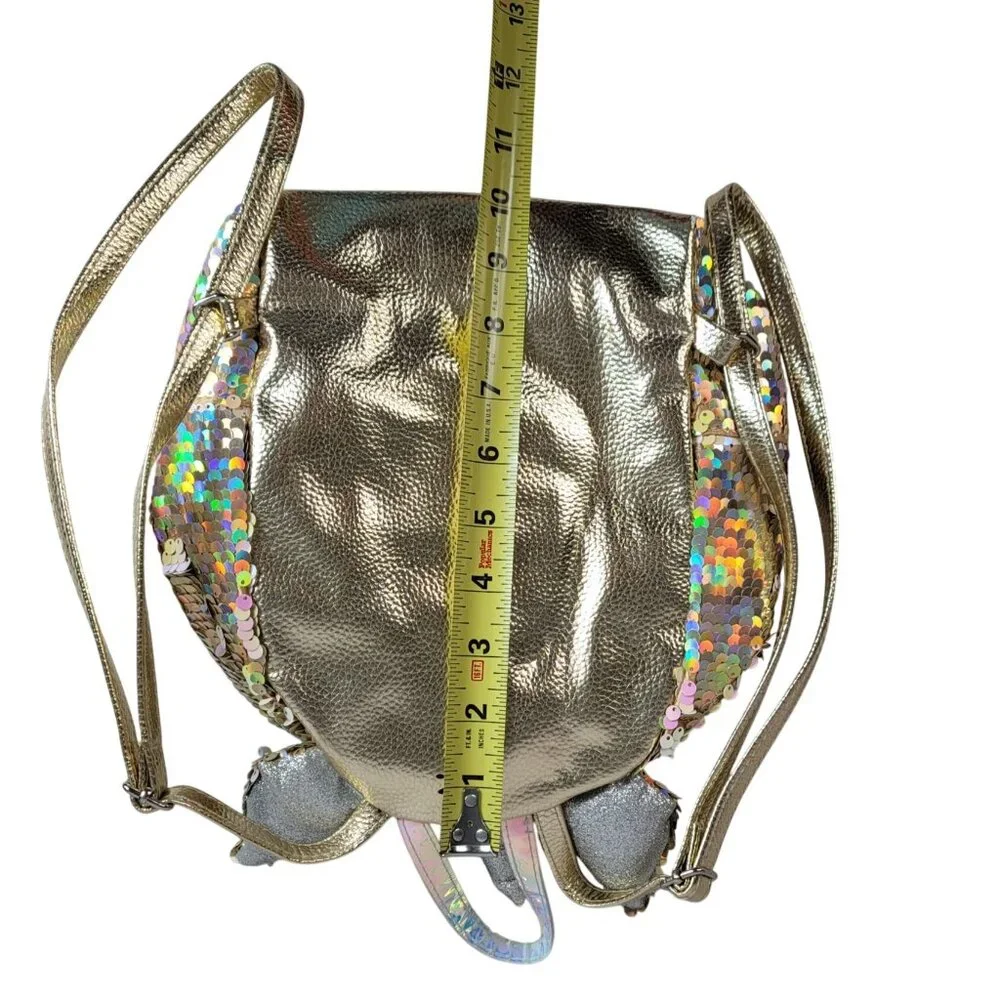 Justice Monogram E Sequin Mini Backpack Gold Unicorn Zipper Pockets Furry Adj